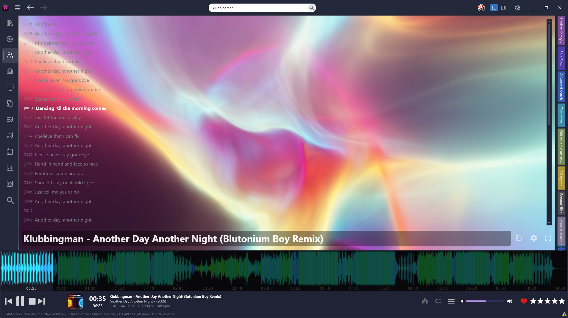 Helium music player interface showing advanced audio playback with real-time VFX shaders, time-synced lyrics, and a temperature-coded high-resolution waveform.