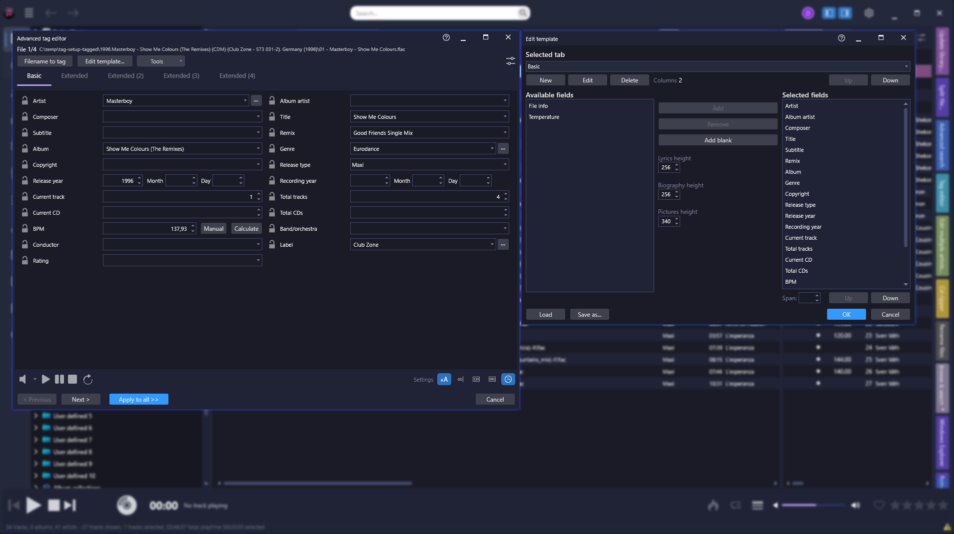 The Advanced Tag Editor showing a custom tab with detailed metadata fields