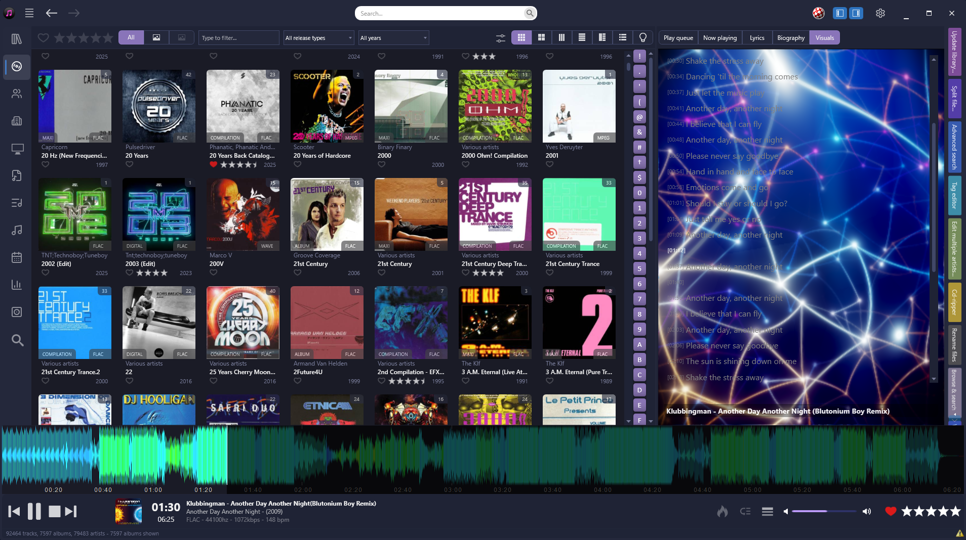 Helium Now Playing screen displaying time-synced lyrics rolling in real-time over a custom 3D VFX shader background.