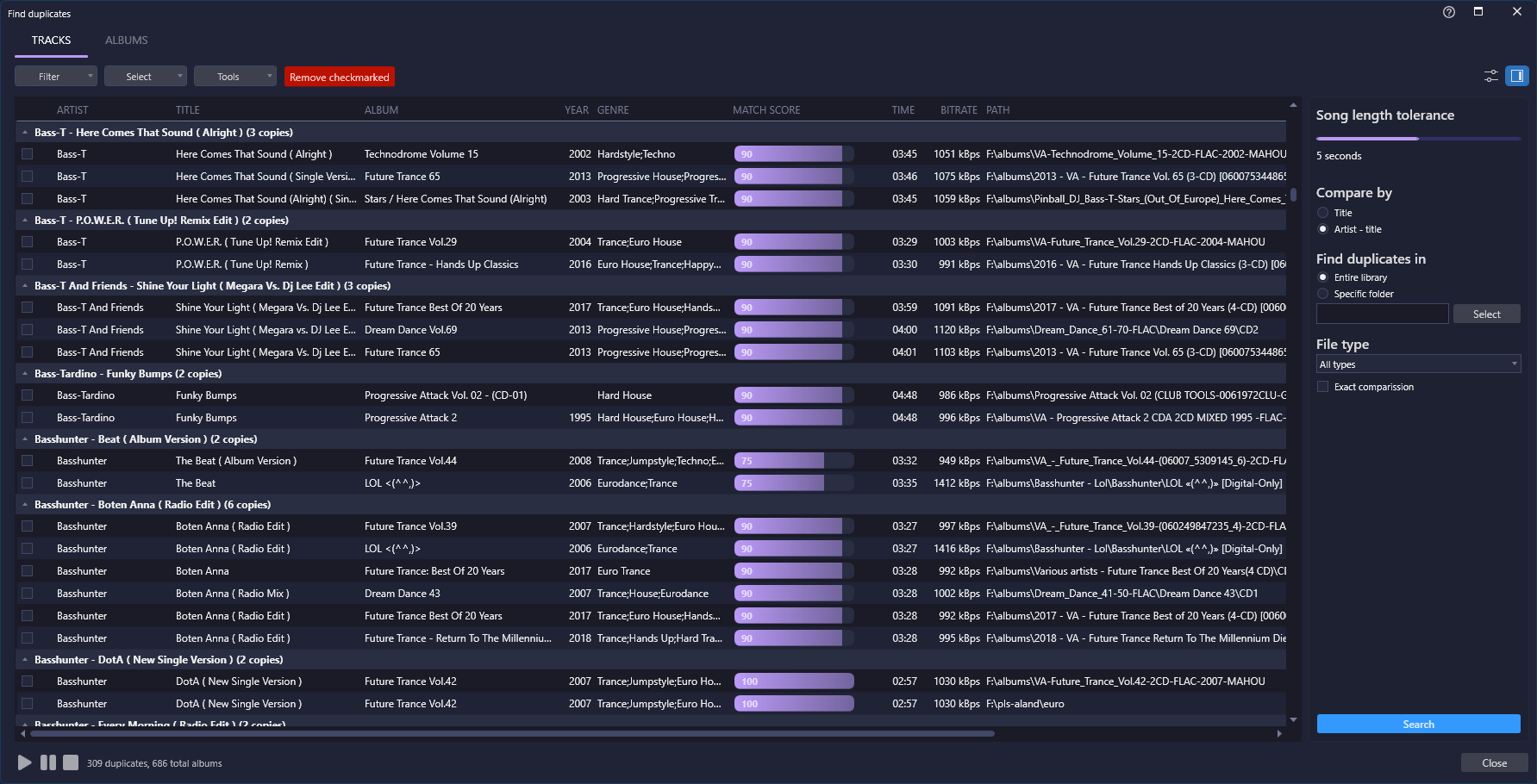 Find and remove duplicate tracks or albums 