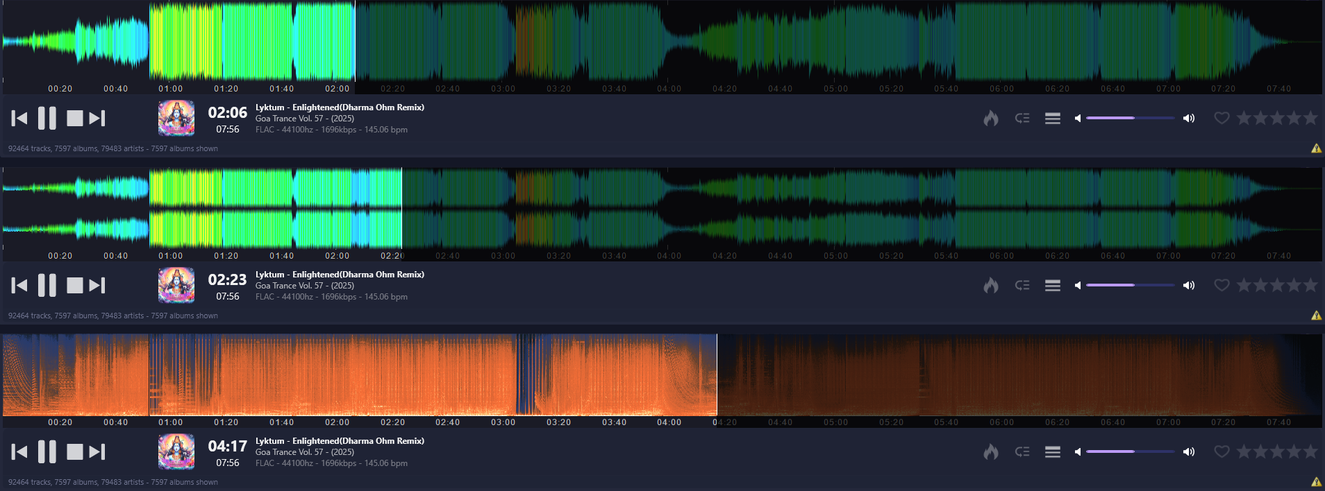 Collage of the Helium playback bar displaying three customizable visual navigation options, including two styles of temperature-coded high-resolution waveforms and a detailed spectrogram.