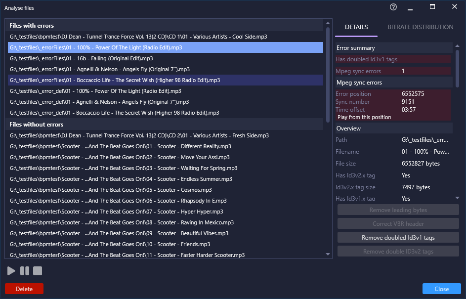 Helium software interface showing the intelligent auto-queue settings and built-in diagnostic tools for repairing MP3 and FLAC audio files.