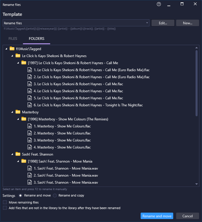 Rename files using tags into folders and filename in a unified way